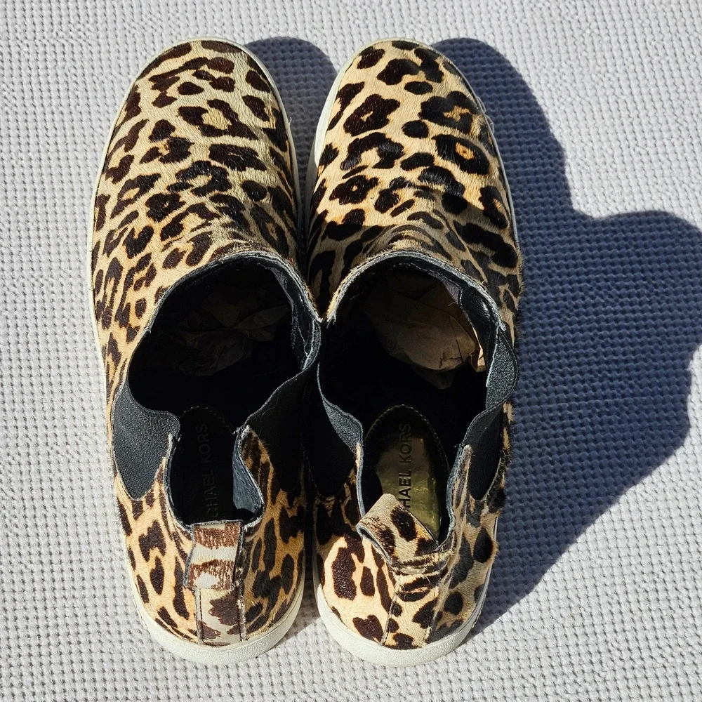 Michael Kors Womens 11M Leopard Calf Hair High Top Chelsea Sneakers CY15D Tan